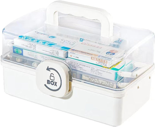 PENGKE Medicine Box with Portable Handle,First Aid Box Medication Storage Box for Family Use,3Layers Emergency Medicine Kit Box Organizer for Family,Office and Travel(White)