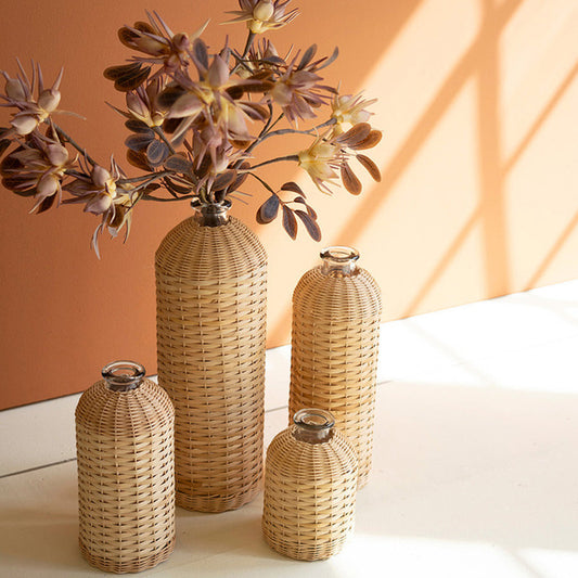 Set of 4 Rattan Wrapped Glass Vases