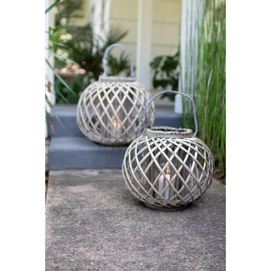Low Round Grey Willow Lantern with Glass - Multiple Size Options